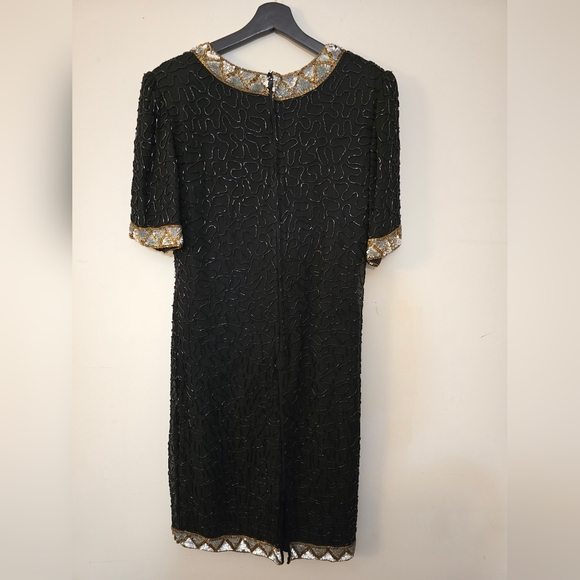 Elegant Black Beaded Midi Dress 100% Silk with Gold And Silver Trim - Picture 2 of 7